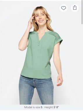 Women's Sage Green Lace Detail Short Sleeve V-Neck Top